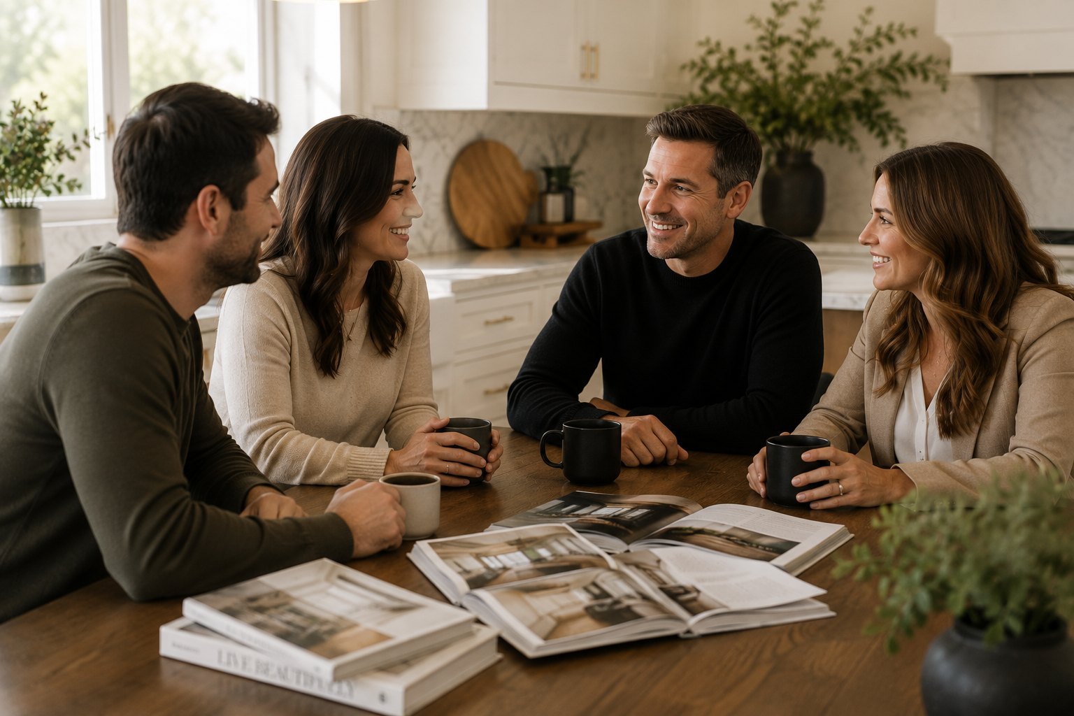 The Avenna team meeting clients over coffee at a kitchen table