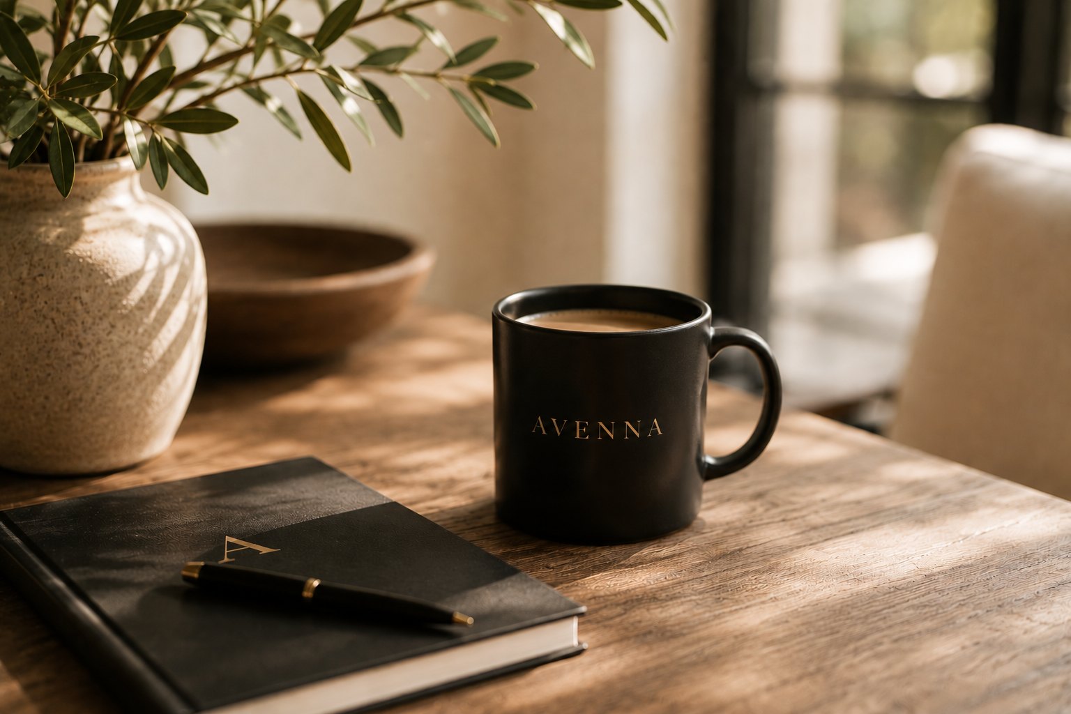 A branded Avenna coffee mug on a kitchen table