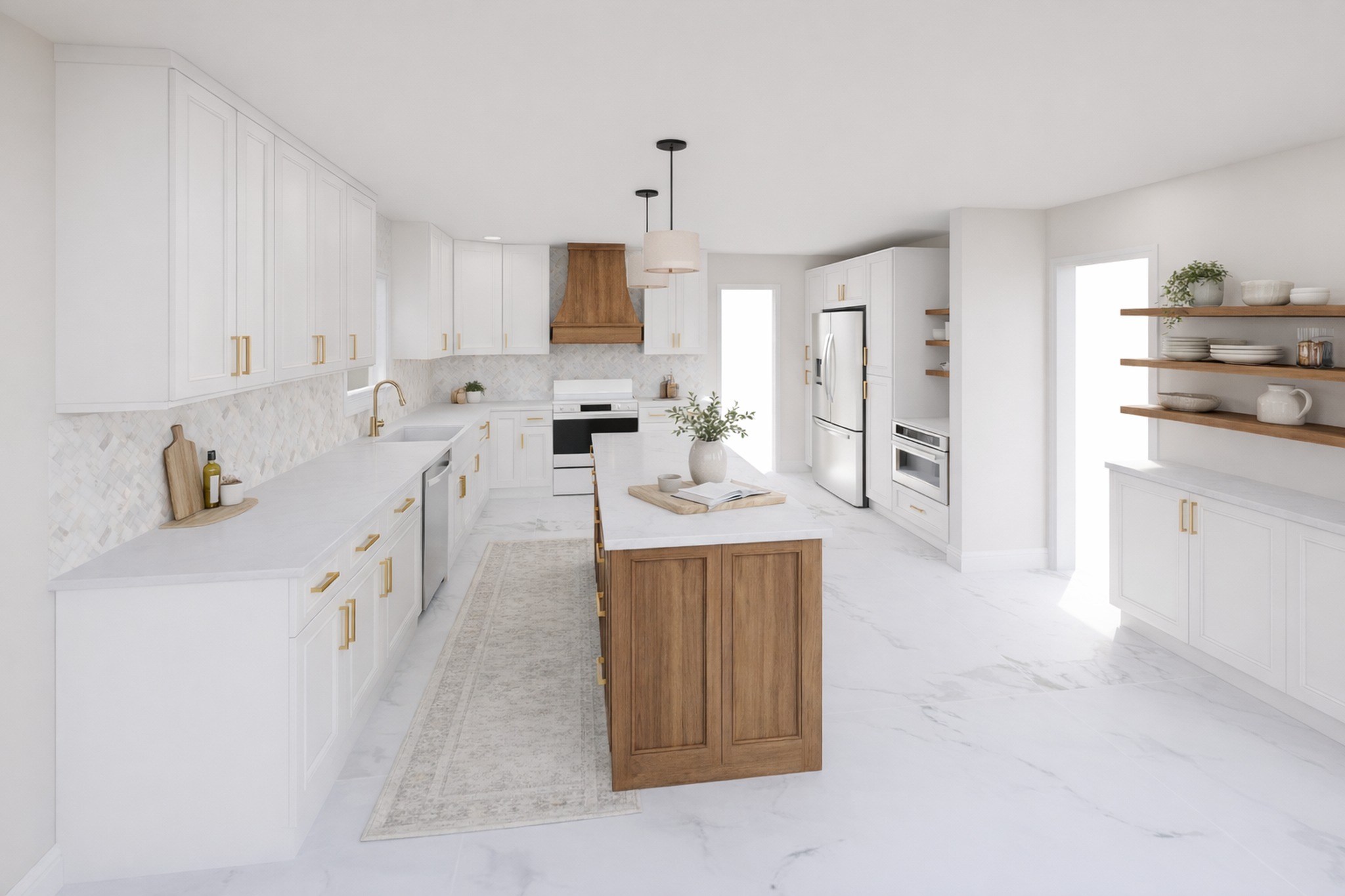 The Beverly kitchen after renovation, white cabinetry, marble counters, wood island
